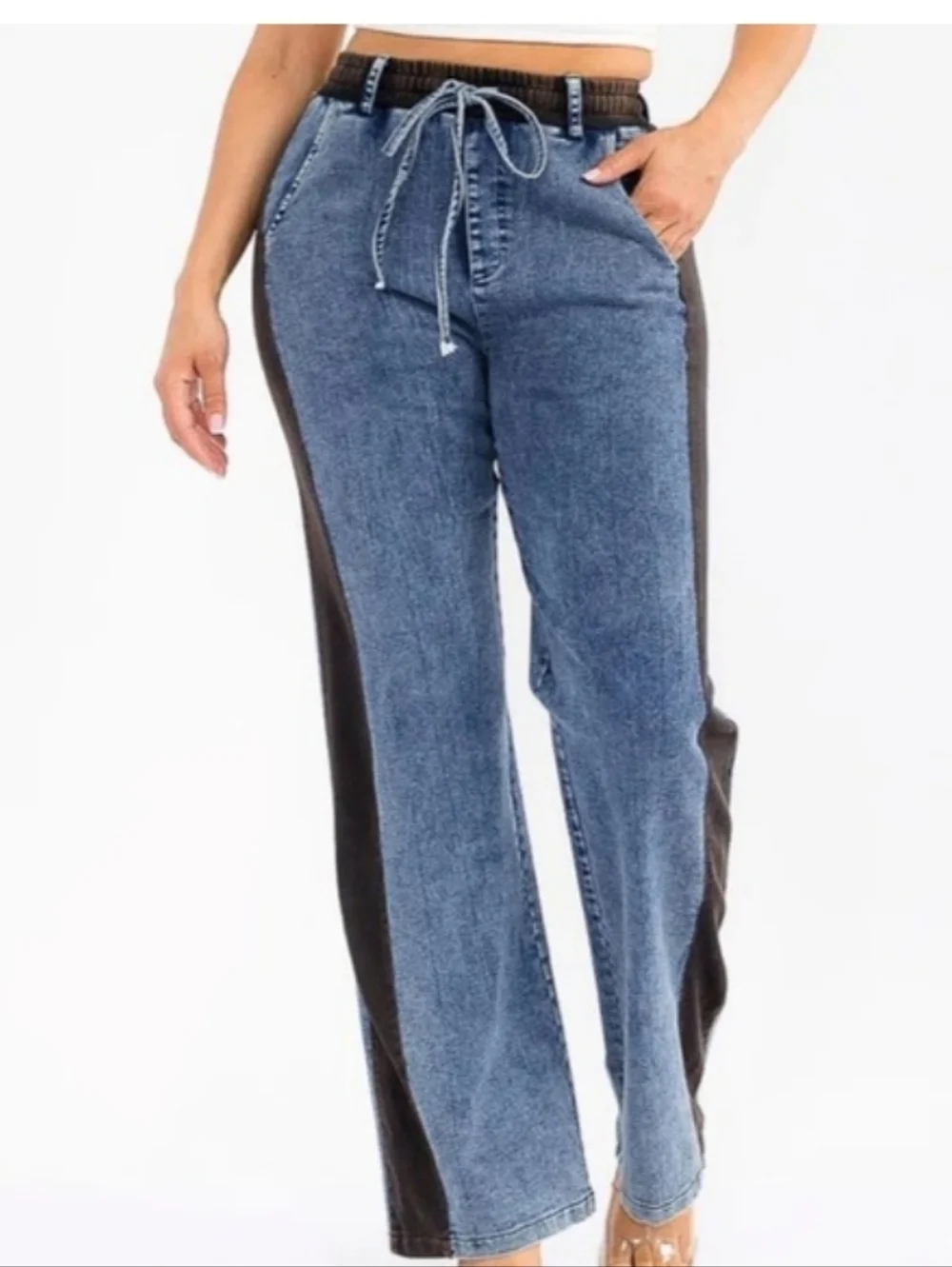 NEW Elastic Waist Contrast-Panel Wide Leg Jeans Blue Denim Knit Black Size Large - Picture 3 of 6